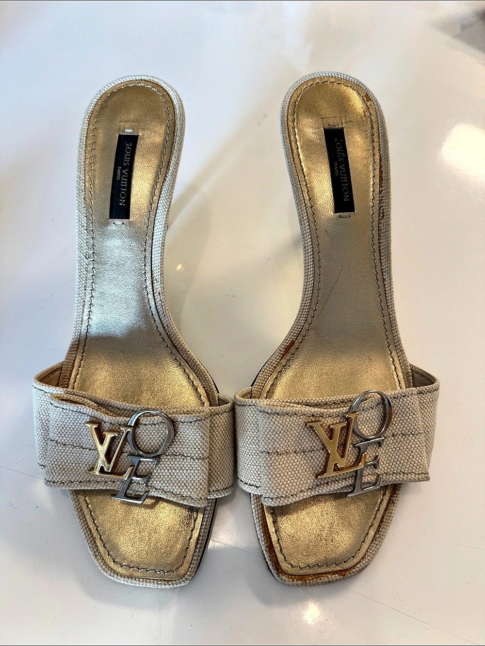 Louis Vuitton Gold & Beige Monogram Heels EU 38.5